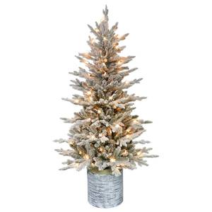 lot 21114 image: Puleo International 4.5ft Pre-Lit Potted Flocked Arctic Fir Christmas Tree with 70 Clear Lights, 419 Realistic Dense Snow Flocked Branch Tips, Easy Setup Artificial Trees with Sturdy Stand