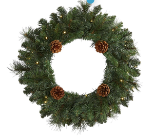 lot 21117 image: Nearly Natural 20in. Pine Artificial Christmas Wreath with 35 LED Lights and Pinecones - Retail $0