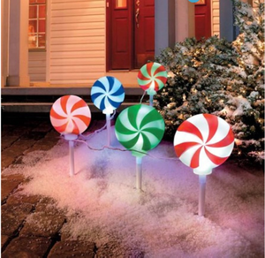 lot 21121 image: Brite Star Set of 5 Color Changing LED Peppermint Candy Pathway Marker Lawn Stakes 72 - Retail $0