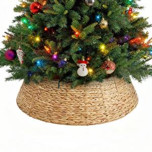 lot 21123 image: Sweetcrispy 36-inch Christmas Tree Collar for 8-11ft Trees, Woven Hyacinth Rattan 4-Panel Collar wCord Access Hole & Easy Lock Design, Handwoven, Natural