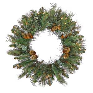 lot 21127 image: National Tree Company First Traditions Pre-Lit North Conway Christmas Wreath with Pinecones and Frost, Warm White LED Lights, 30 in