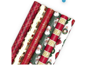 lot 21129 image: Hallmark Christmas Wrapping Paper Rolls with Cutlines on Reverse (6 Rolls 150 Sq. Ft. Total) Santa Claus, Nutcrackers, Plaid, Snowflakes, Ornaments - Retail $0