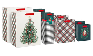 lot 21137 image: Hallmark Assorted Classic Christmas Gift Bags (8 Bags 2 Small 6, 2 Medium 9, 2 Large 13, 2 Bottle 13) Nutcracker, Tree, Holly, Red and Green Plaid - Retail $0