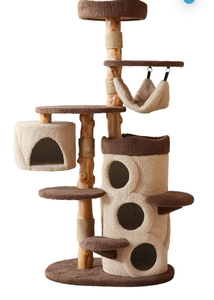 lot 21146 image: Modern Cat Tree for Indoor Large Cats & Multi-Cat Households, 68 Solid Wood Cat Tower with 3 Condos, Heavy Duty Cat Tower with Scratching Post, Multi-Level Cat House, Perch, Hammock, Hideaway, Brown - Retail $0