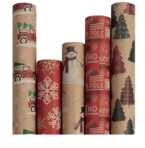 lot 21149 image: JAM Paper Assorted Gift Wrap - Christmas Kraft Wrapping Paper - 125 Sq Ft Total - Kids Kraft Christmas Set - 5 RollsPack - Retail $0
