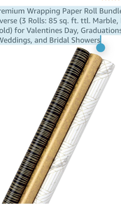 lot 21150 image: Hallmark Premium Wrapping Paper Roll Bundle with Cut Lines on Reverse (3 Rolls 85 sq. ft. ttl. Marble, Black, Antiqued Gold) for Valentines Day, Graduations, Birthdays, Weddings, and Bridal Showers - Retail $0
