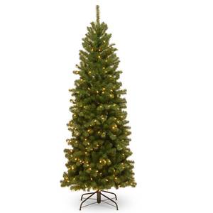 lot 21156 image: National Tree Company 6 ft Pre-Lit North Valley Spruce Slim Artificial Christmas Tree, 250 Warm White LED Lights, 636 Tips, Includes Stand, Green