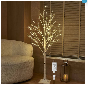 lot 21160 image: BAOLITVINE Birch Tree with Lights 4FT 200 Fairy Lights, Lighted Trees for Home Fireplace Room Party Thanksgiving Christmas Decoration Inside Outdoor - Retail $0