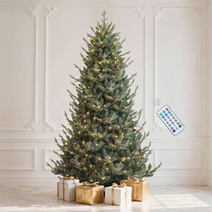 lot 21163 image: DWVO 7.5ft Antique Green Carolina Christmas Tree, Blue-Green Upswept Layered Artificial Christmas Tree with 51 Pine Cones, 1938 Mixed PE & PVC Branch Tips, 500 Lights, Green Remote Controlled