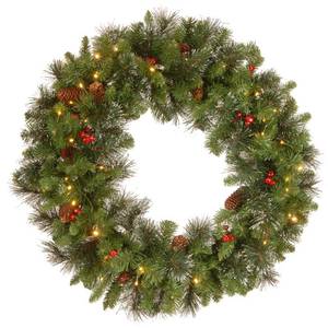 lot 21165 image: National Tree Company 30 in Pre-Lit Crestwood Spruce Artificial Christmas Wreath, Christmas Decoration with Glitter, Pinecones, Red Berries, 70 Clear LED Lights, 200 Tips, Timer, Green