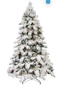 lot 21169 image: 7.5FT Prelit Flocked Christmas Tree, Premium Artificial Christmas Tree with 890 Branch Tips and 360 Warm White Lights, Realistic Full Pre Lit Xmas Tree with Metal Hinged & Base for Holiday Decoration - Retail $0