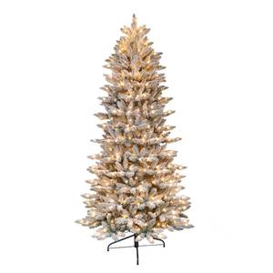 lot 60193 image: Puleo International 6.5 Foot Pre-Lit Slim Flocked Fraser Fir Artificial Christmas Tree with 350 Clear Lights, Green