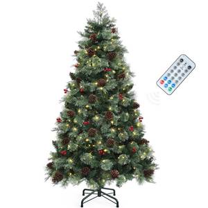 lot 60194 image: YITAHOME 6ft Prelit Carolina Pine Christmas Tree with Remote, Artificial Green Hinged Christmas Tree w 720 Mixed Tips & Pine-Needles, 36 Pinecones, 30 Red Berries, 300 Lights & 11 Modes