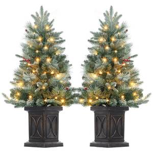 lot 60195 image: GAOMON 3ft Christmas Tree 2 Set Pre-Lit Artificial Christmas Tree with Vintage Potted Base, Flocked Snow 78 Warm White LED Lights Red Berries, Xmas Holiday Decor for Home, Entrances works