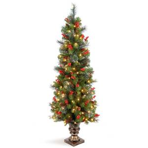lot 60196 image: National Tree Company Pre-Lit Artificial Entrance Christmas Tree, Green, Crestwood Spruce, White Lights, Decorated with Pine Cones, Berry Clusters, Frosted Branches, Includes Pot Base, 5 Feet