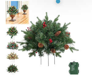 lot 60201 image: Pre-lit Artificial Christmas Tree Urn Filler,Lighted Artificial Xmas Pine Trees with Tripod Stake,Battery Powered,Light Up 8 Modes & Timer with Cones,Golden & Red Berries, and 60 LED Lights (1Pc C) works  - Retail $0