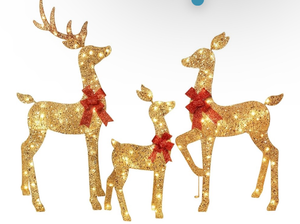 lot 60203 image: Piece 2D Lighted Christmas Deer Family Set - HOYECHI Large Outdoor Yard Reindeer Holiday Decoration with 145 LED Lights, Stakes, Zip Ties - Gold - Retail $0