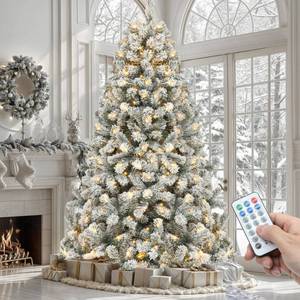 lot 60208 image: YITAHOME Prelit Snow Flocked Artificial Full Christmas Tree 6ft with Remote Control, Christmas Pine Tree with 11 Light-Modes, 1000 Branch Tips, Foldable Base for Home, Party Decoration - Retail $4,233