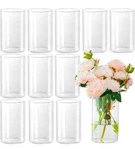 lot 556 image: 12pcs Glass Cylinder Vases for Centerpieces - 6 Inch Tall Flower Vase for Wedding Decorations, Clear Glass Flower Vases Floating Candle Holder for Table Centerpiece Wedding Home D�cor - Retail $0