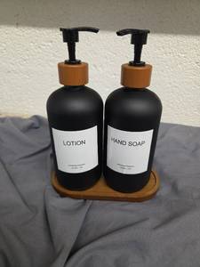 lot 560 image: Glass Hand Soap and Lotion Bottles with Tray, 16.9FL OZ - Retail $0