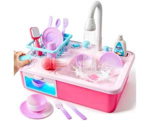 lot 564 image: Color Changing Play Sink with Running Water, Toddler Sink with Electric Dishwasher, Chopping Sounds and Automatic Water Cycle System, Water Table for Toddlers 1-3 Birthday Gift - Retail $0