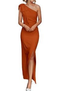 lot 573 image: PRETTYGARDEN Womens Summer One Shoulder Long Formal Dresses Sleeveless Ruched Bodycon Wedding Guest Slit Maxi Dress (Brown,Large) - Retail $69