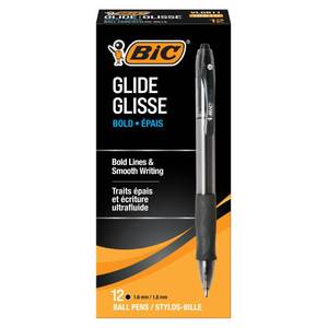 lot 578 image: BIC Glide Bold Black Ballpoint Pens, Bold Point (1.6 mm), School Supplies for Students and Teachers, with Full Grip, 12-Count Pack in Black - Retail $10