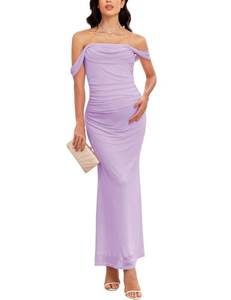 lot 583 image: AISWI Womens Maternity Off The Shoulder Maxi Dress Mesh Ruched Bodycon Pregnancy Dresses Baby Shower Photoshoot, Purple, XL - Retail $60