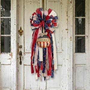 lot 588 image: Dingion Patriotic wreath bow 4th of July Swag Wreath with Rustic Bell Red White Blue Star Stripes Tassel Wreaths 4th of July Decorations for Front Door 250 Anniversary Veterans Day Indoor Outdoor Home - Retail $30
