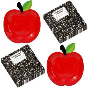 lot 589 image: Serves 9 Back to School Tableware Set First Day of School Party Supplies Red Apple Paper Plates Composition Notebook Napkins Classroom Decoration for Kindergarten Preschool Teacher Party Serve 9 - Retail $14