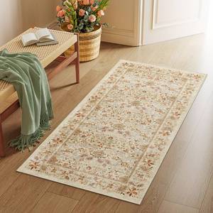 lot 595 image: DUKINO 2x4 Rug for Entryway, Lightweight Washable Runner Rug with Non Slip Backing, Vintage Floral Low Pile Small Carpet Runner for Kitchen, Hallway, Entryway, Bathroom, Bedroom, Beige - Retail $36