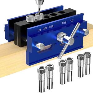 lot 605 image: Beaiguna Self Centering Dowel Jig Kit, Drill Guide Jig Block for Straight Holes with 6PCS Drill Bushings, Premium Self Centering Doweling Jig Kit for Woodworking, Adjustable Width Biscuit Joiner Tool - Retail $20