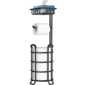 lot 624 image: TomCare Toilet Paper Holder Stand with Shelf Free Standing Toilet Paper Roll Holder with Toilet Paper Dispenser Sturdy Metal Tissue Holder Storage Shelf for Bathroom Black - Retail $27