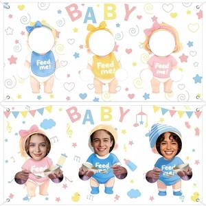 lot 628 image: APUDWN 2 Pcs Feed The Baby Game Baby Shower Game Backdrop Funny Baby Shower Juegos Para Blindfolded Feeding Me Game Banner for Gender Reveal Wedding Party Activities for Guests Photo Booth Props - Retail $12