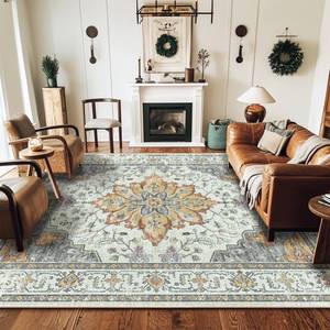lot 631 image: RELEANY Area Rugs 5x7 Washable Non-Slip, Floral Vintage Distress Medallion Carpet for Living Room Bedroom Dining Room, Beige Carbon Grey Orange - Retail $57