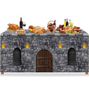 lot 633 image: VitalCozy Medieval Party Decor Fitted Tablecloth for 6 Foot Rectangle Table 72 x 30 Inches Themed Decorations Reusable Washable Tablecloth for Themed Party Supplies - Retail $19