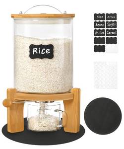 lot 646 image: Famyards 5-7 lbs Glass Rice Dispenser with Wooden Stand Flour and Cereal Container with Glass Measuring Cup & Labels & Slider mat Pantry Food Organization Storage Bin with Airtight Bamboo Lid, 3L - Retail $60