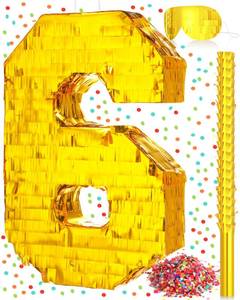 lot 648 image: Sratte Pi�ata Birthday Party Decorations Gold Foil Pi�ata with Stick Blindfold Confetti for Boy Girl Birthday Anniversary Celebrations Fiesta Supplies(Number 6) - Retail $27