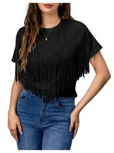 lot 652 image: Verdusa Womens Short Sleeve Fringe Tops Tassel Trim Cowgirl Shirts Western Outfits Dark Black Medium - Retail $3,261