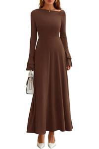 lot 672 image: PRETTYGARDEN Womens Dresses Formal Off The Shoulder Long Sleeve Ruched Knit A-Line Maxi Wedding Guest Dress Fall Clothes(Brown,Large) - Retail $9,795