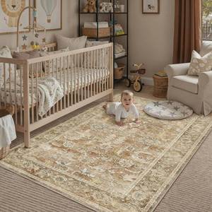 lot 673 image: Berthmeer 3x5 Entryway Rug,Washable Non-Slip Area Rug for Kitchen,Bedroom,Low Pile Distressed Thin Small Carpet,Vintage Floral Beside Rug Beige Brown - Retail $17