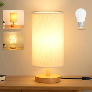 lot 678 image: EZIYIN Desk Lamp LED Bulb Included, Small Bedside Table Lamp Plug-in - Classic Wood Base with Flaxen Fabric Shade, Lamps for Night Stands, Simple Nightstand Light for Bedroom, Office, Desk - Retail $16