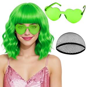 lot 679 image: PLULON Grass Green Short Wavy Wig Heart Sunglasses for Women, Colored Bob Style Shoulder Length Wigs with Bangs Funny Party Hair for Nightclubs Bachelorette Party Carnival St. Patricks Day - Retail $15
