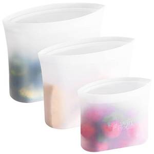 lot 695 image: Winrock Reusable 100% Silicone Food Storage Bags, Sandwich Snack Bags New Generation Stand Up Zip Container for Soup and Leftovers, Plastice & BPA Free, Microwave Oven Safe 3 Pack (51oz, 34oz, 17oz) - Retail $13