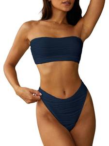 lot 700 image: ZAFUL Women Strapless Textured Bandeau Bikini 2 Piece Swimwear Cheeky Solid Lace up Bathing Suits(1-m Navy Blue,M) - Retail $36