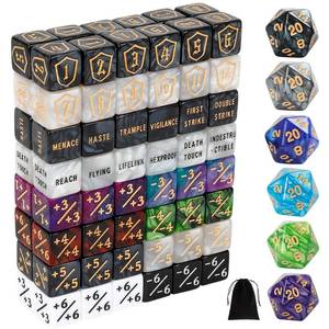 lot 715 image: 102 Pieces MTG Dice Counters Set Bulk Ability Keyword Tokens Shield Life Counters 6 Sided Dice for Magic The Gathering TCG Card Gaming Accessories - Retail $17