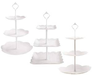 lot 725 image: Tosnail 3 Pack 3 Tiers White Plastic Cupcake Stand Dessert Stand Tiered Serving Trays - Round, Square, Flower - Retail $20