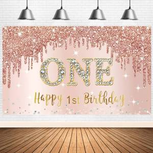 lot 728 image: Happy 1st Birthday Banner & Backdrop Decorations for Girls - Rose Gold 1 Year Old Party Sign Supplies, Pink One Birthday Poster Background Photo Booth Props Decor - Retail $14