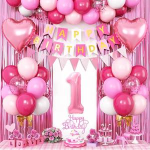 lot 729 image: 1st Birthday Decorations for Girls,Hot Pink Birthday Balloons with Happy Birthday Banner Fringe Curtain Heart Foil Balloons for 1 Year Old Kids Birthday Decor - Retail $16