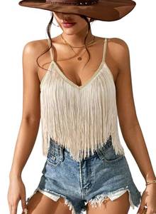 lot 739 image: Womens Western Cowgirl Fringe Top - Country Concert Outfits Festival Tassel Hem Boho Rodeo Cowboy Rave Tank Shirt(KhaKi,S,10742a) - Retail $27